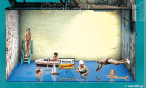 Collage mit Menschen in einem Swimmingpool